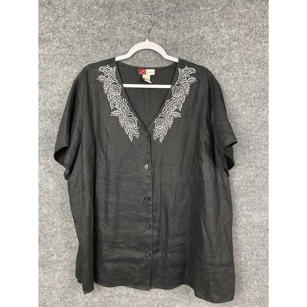 Jay Mclaughlin Linen Top Women's Size 24W V-Neck Black Embordered White Collar